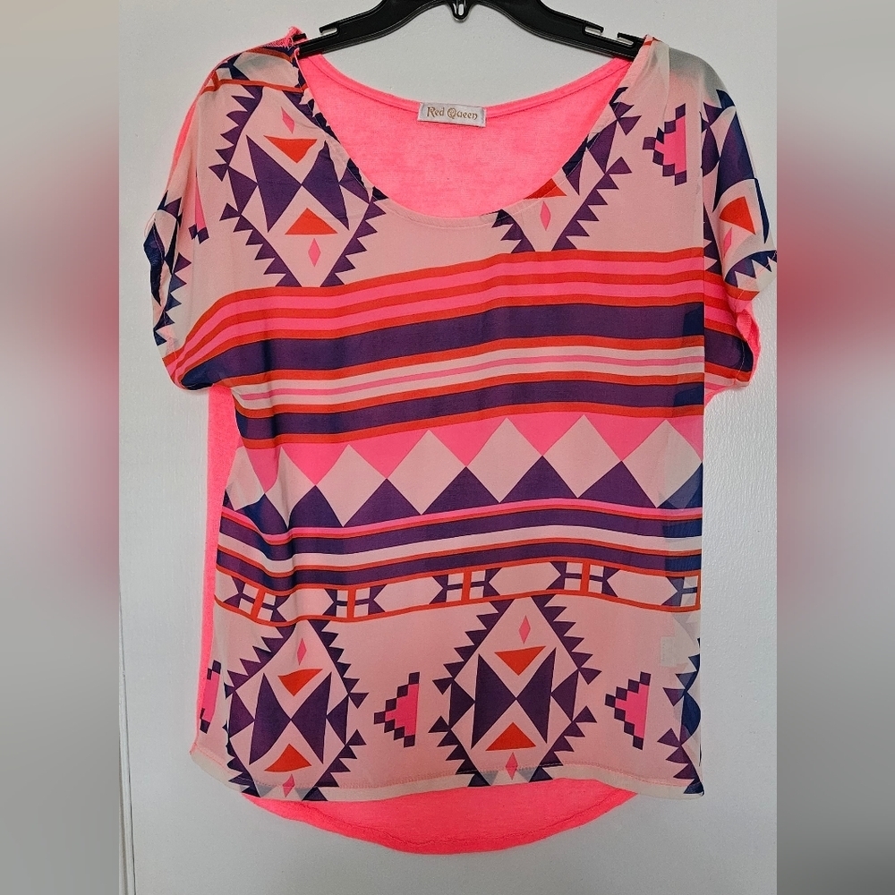 Lovely Colorful Dark Pink Patterned Top, Good Condition (Size 12)